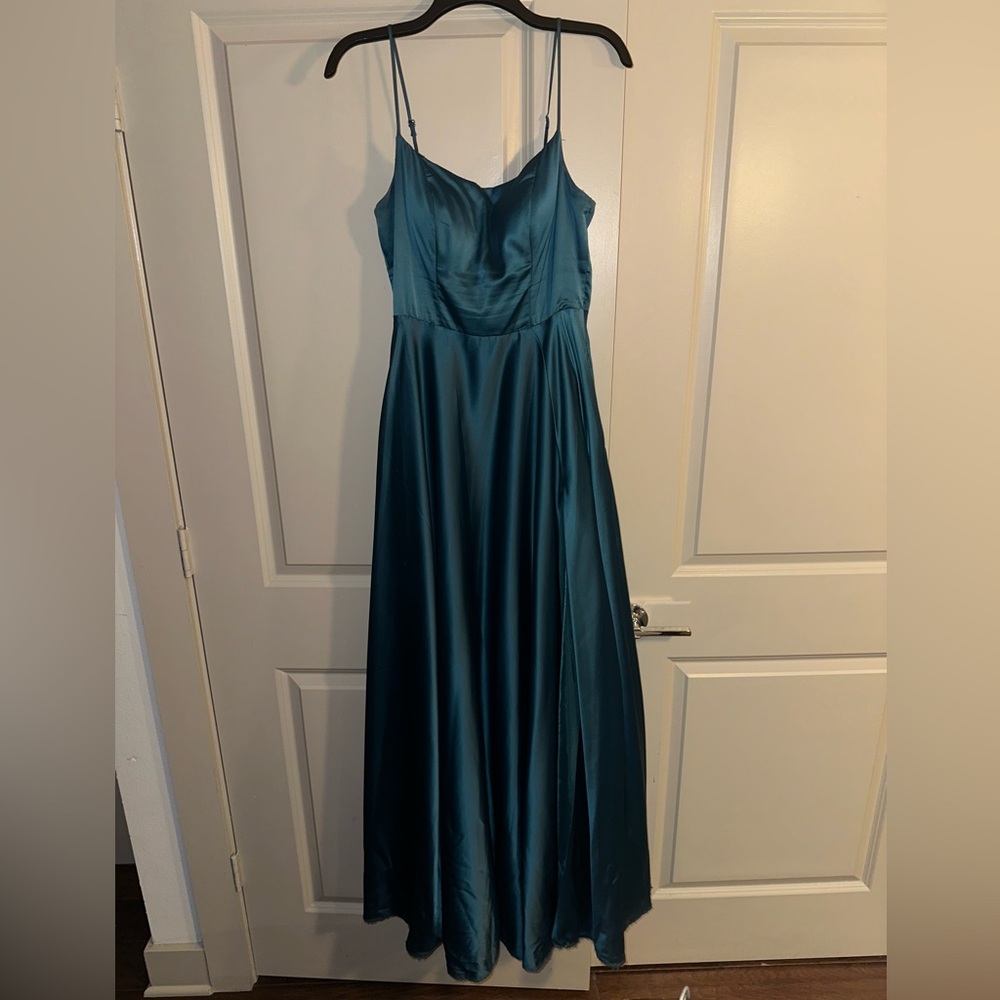 B. Darlin Square Neck Satin Long Dress
